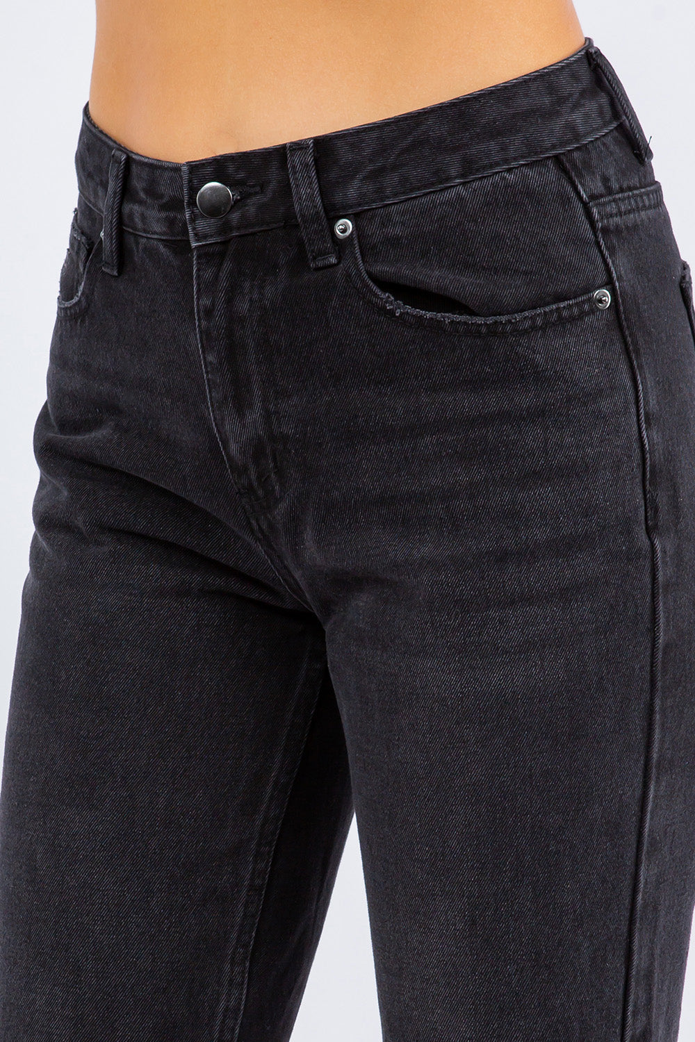 High waist distressed cropped straight jeans in black denim with pockets, showcasing trendy style and comfortable fit.