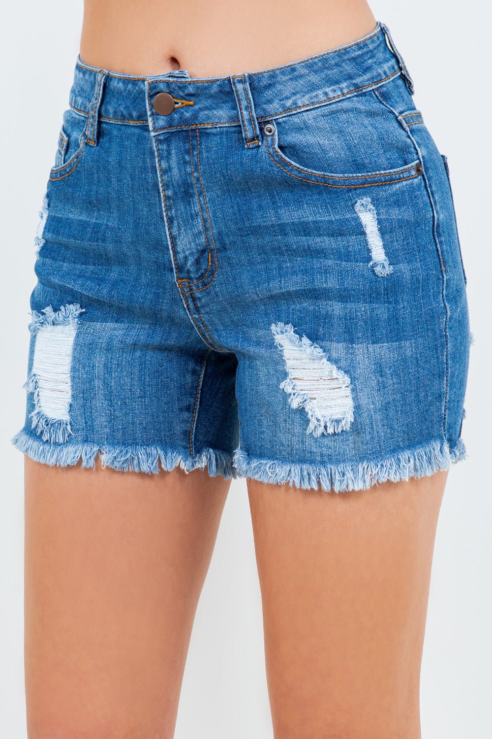 High waist distressed frayed denim shorts with raw hem, perfect for casual summer days and versatile pairing with tops.