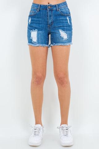 High waist distressed frayed denim shorts with raw hem, perfect for casual summer style and comfort with stretchy fabric and pockets.