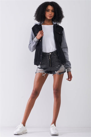 Ripped High-waist Front Zip-up Raw Hem Detail Distressed Mini Shorts-
