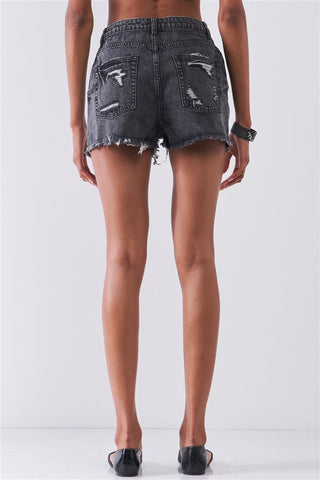 Ripped High-waist Front Zip-up Raw Hem Detail Distressed Mini Shorts-