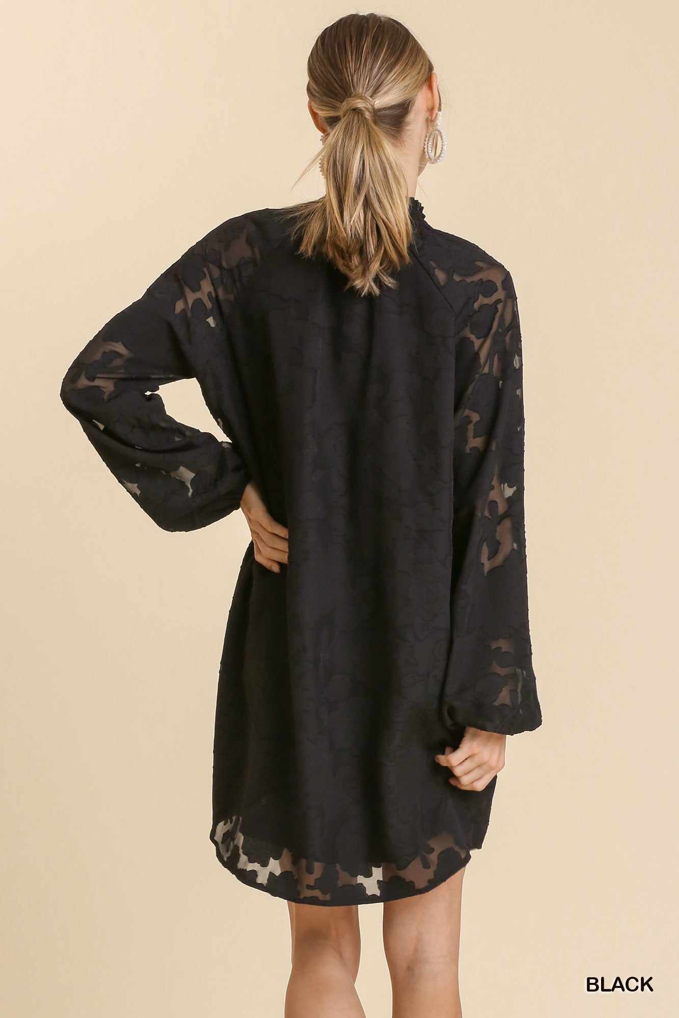 Black Jacquard Tie Neck Yoke Dress with Raglan Sleeves, back view. Available in sizes S, M, L, 100% Polyester.