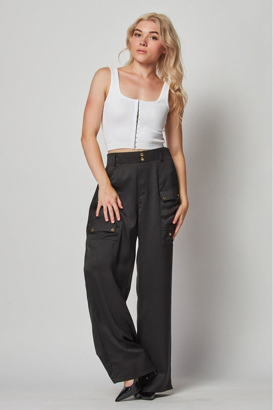 Jazzy Satin Cargo Black Pocket Wide Leg Pants