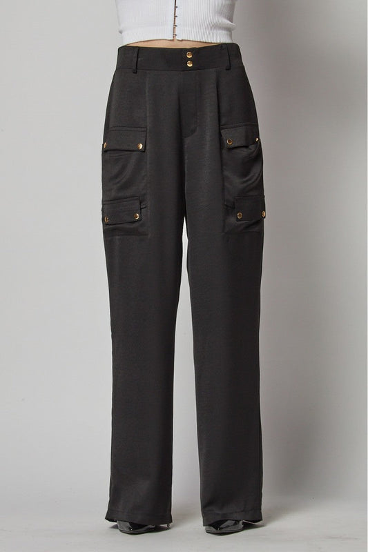 Jazzy Satin Cargo Black Pocket Wide Leg Pants