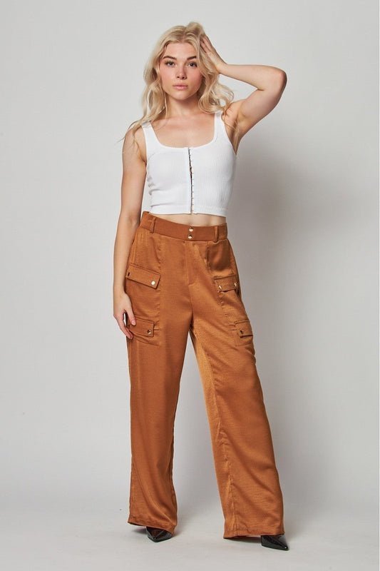 Jazzy Satin Mocha Cargo Pocket Wide Leg Pants