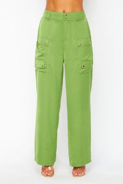 Jazzy Satin Vintage Green Cargo Pocket Wide Leg Pants