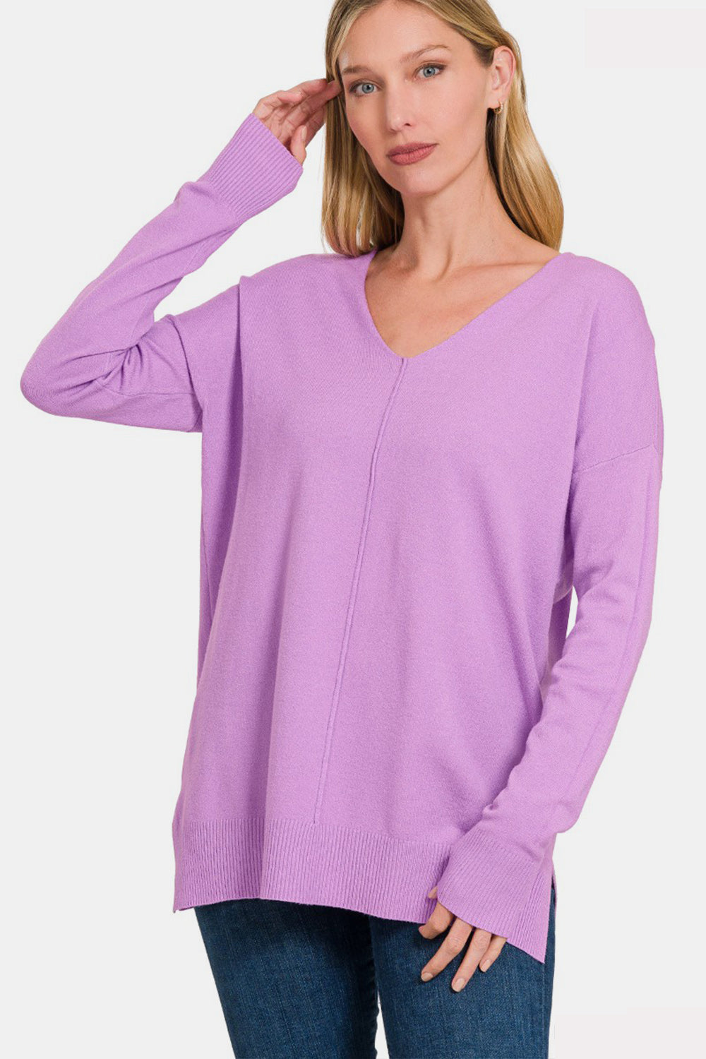 Joy Slit V-Neck Dropped Shoulder Sweater