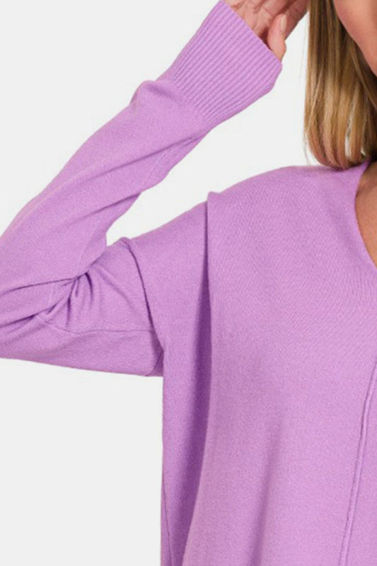 Lavender Joy Slit V-Neck Dropped Shoulder Sweater with moderate stretch and soft fabric blend.