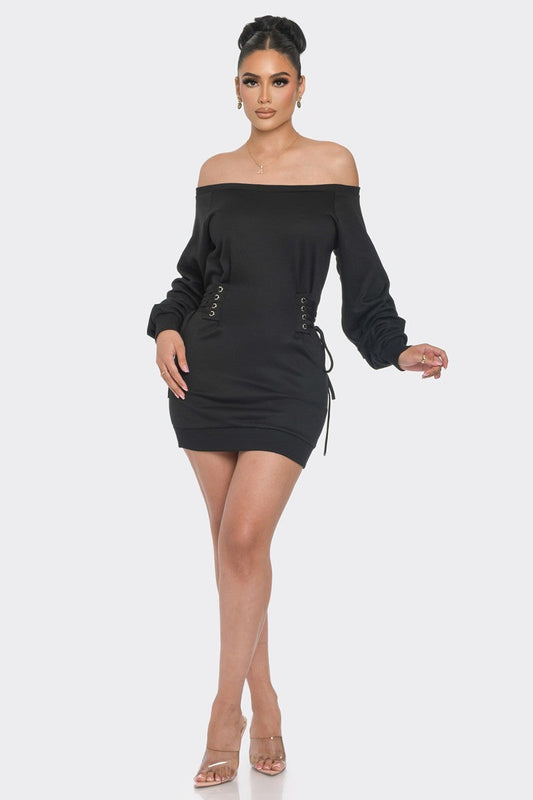 Just Vibe Off Shoulder Black Mini Dress