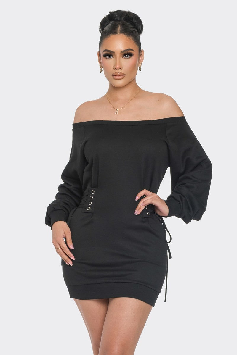 Just Vibe Off Shoulder Black Mini Dress