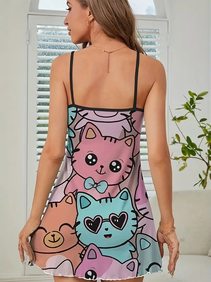 Kawaii Cat Party Slip Dress - Cute Cartoon Kitten Print Sleepwear
