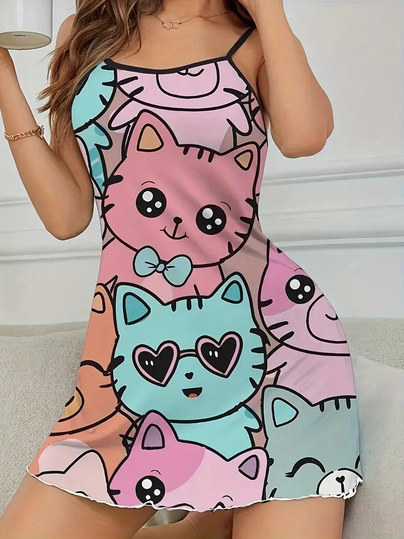 Kawaii Cat Party Slip Dress - Cute Cartoon Kitten Print Sleepwear