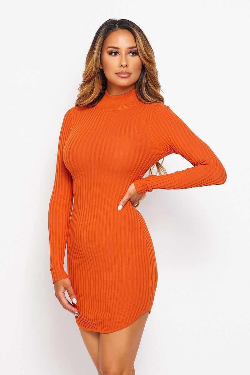 Knit Mock Neck Round Dress-Orange