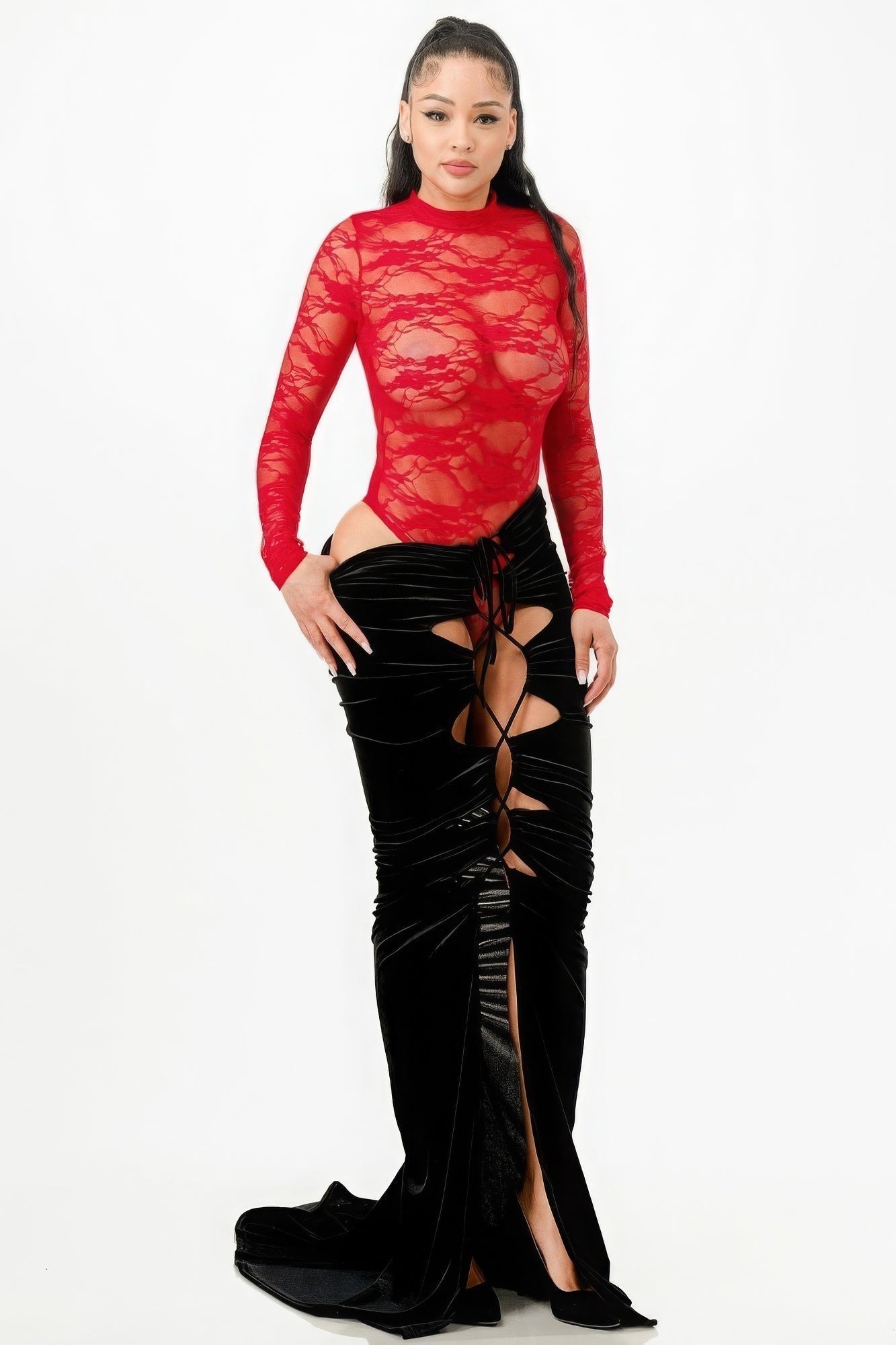 Red lace bodysuit paired with a black velvet mermaid skirt featuring adjustable strings, showcasing a stylish, elegant ensemble.