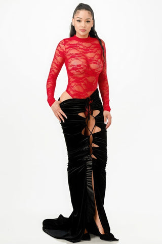 Red lace bodysuit paired with a black velvet mermaid skirt featuring adjustable strings, showcasing a stylish, elegant ensemble.