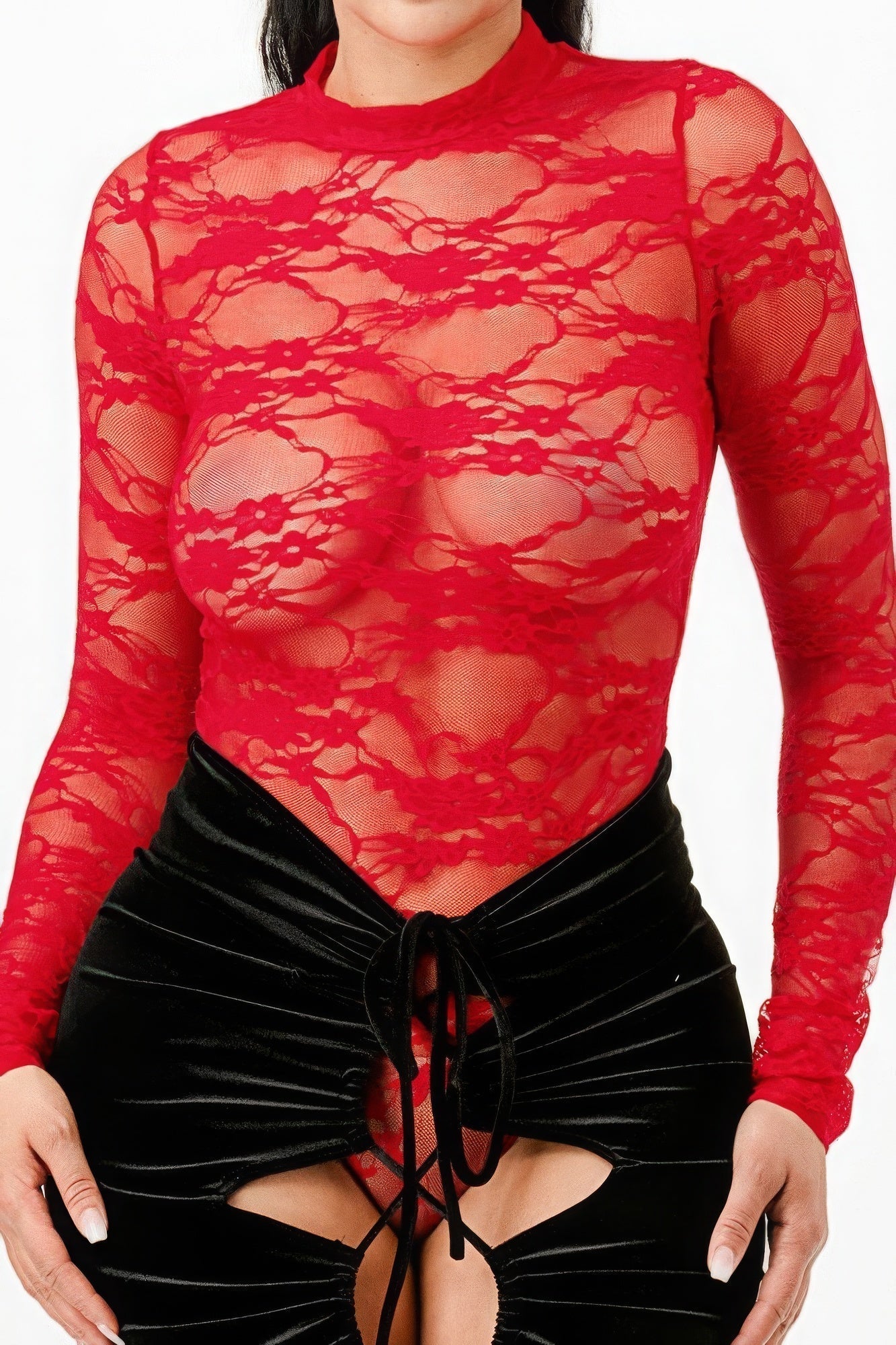 Red lace bodysuit and black velvet mermaid skirt with adjustable string, showcasing intricate knitted lace design.