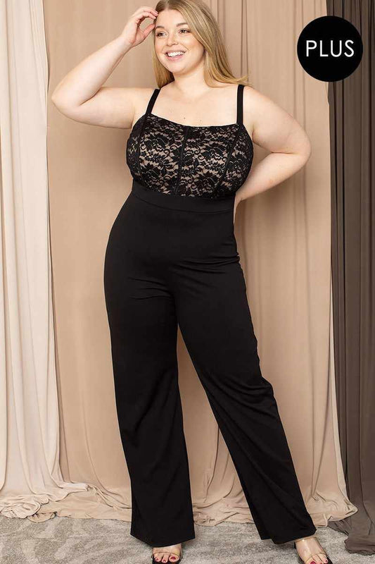 Plus size woman in black lace bust jumpsuit with adjustable straps and wide legs. 1XL-3XL. Polyester-spandex blend.