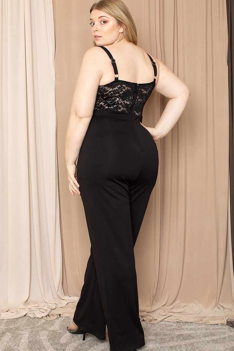 Plus size black jumpsuit with lace bust, adjustable straps, and wide legs, featuring a zippered back.