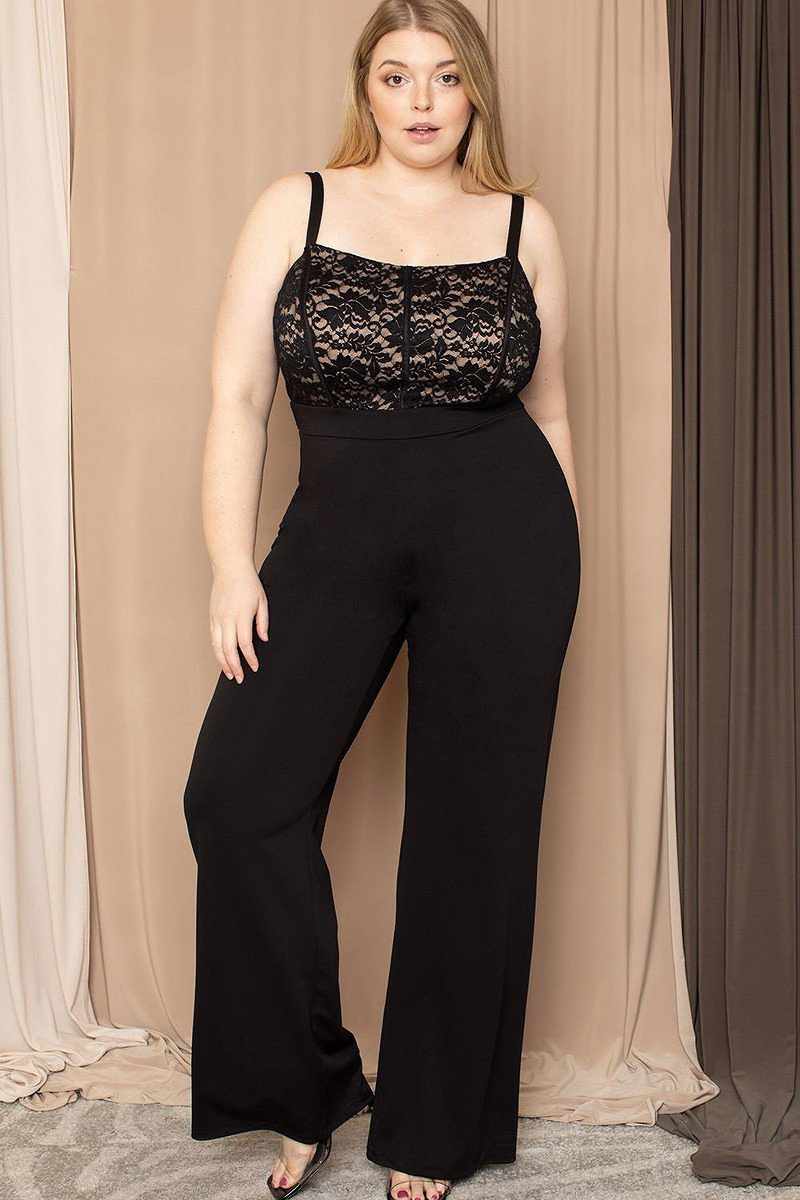 Plus size black jumpsuit with lace bust and adjustable straps, featuring wide legs.