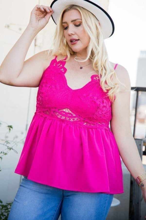 Neon fuchsia lace trim two shoulder back cross top for plus sizes 1XL-3XL, featuring delicate lace detail and polyester fabric.