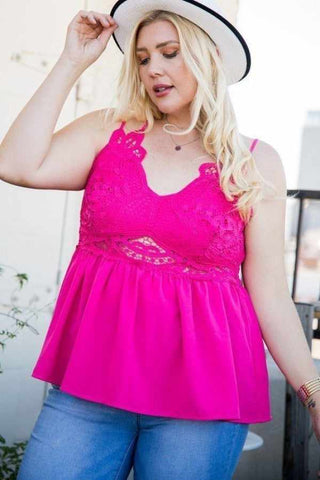 Neon fuchsia lace trim two shoulder back cross top for plus sizes 1XL-3XL, featuring delicate lace detail and polyester fabric.