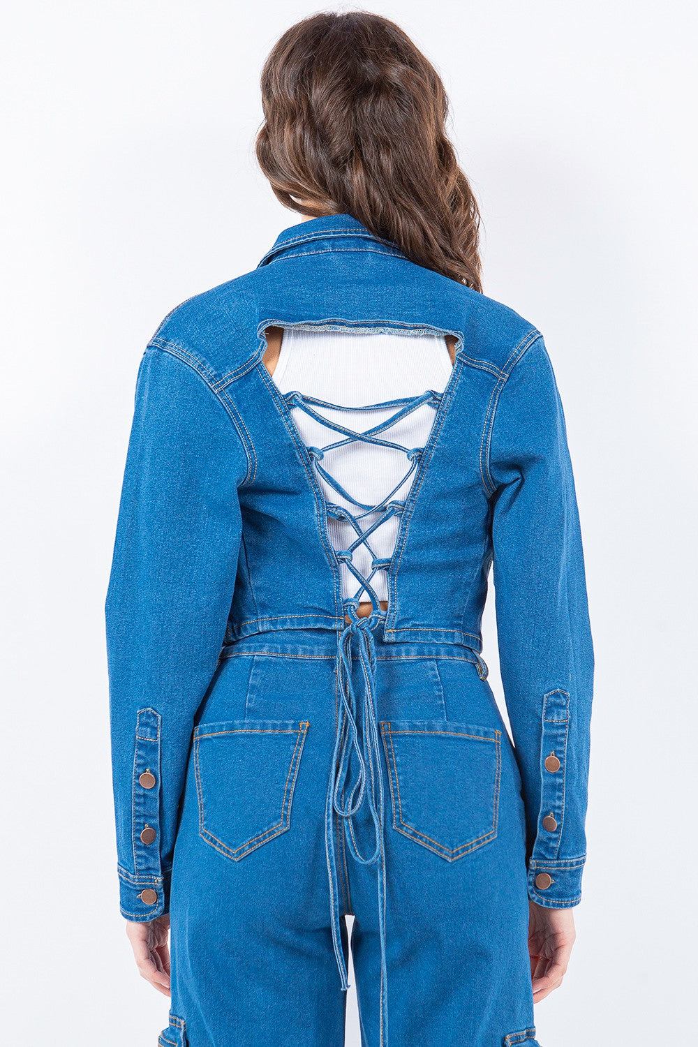 Laced Back Cropped Denim Jacket