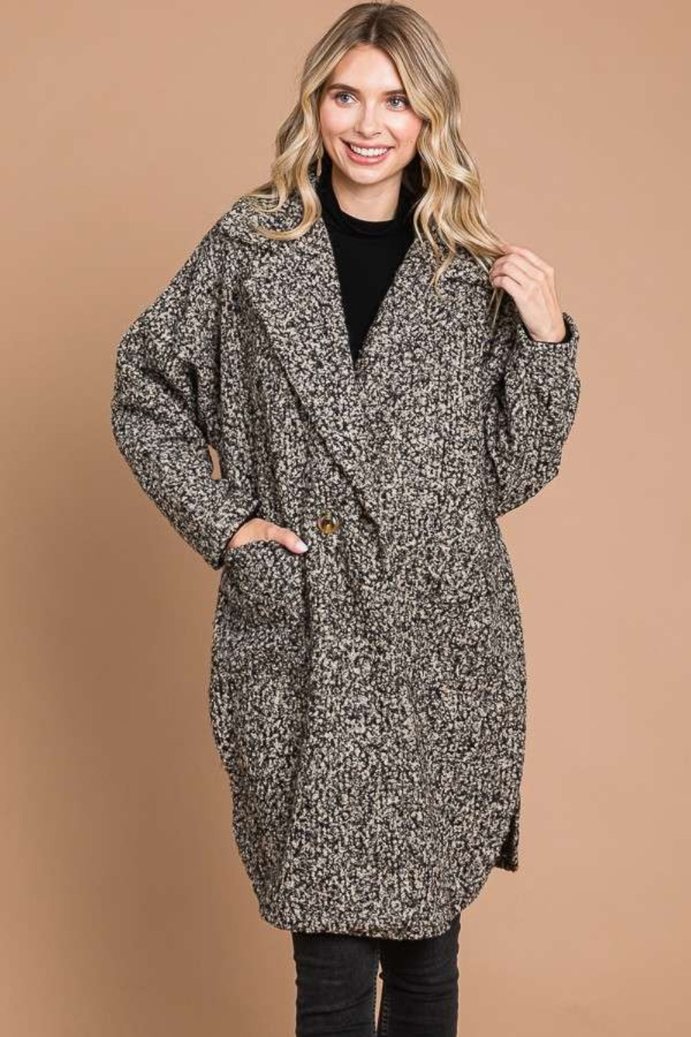 "Lapel collar double breast teddy coat, stylish full size, 100% polyester, normal thickness, elegant fashion wear for women."