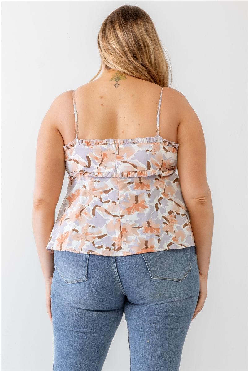 Plus size floral print tank top with ruffles and adjustable straps, shown from the back, styled with blue jeans, casual and trendy.