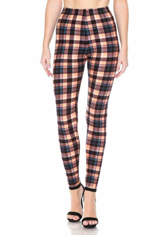 Plaid high-waisted leggings with an elasticized waistband, featuring a stylish multi-print design for comfortable and trendy wear.
