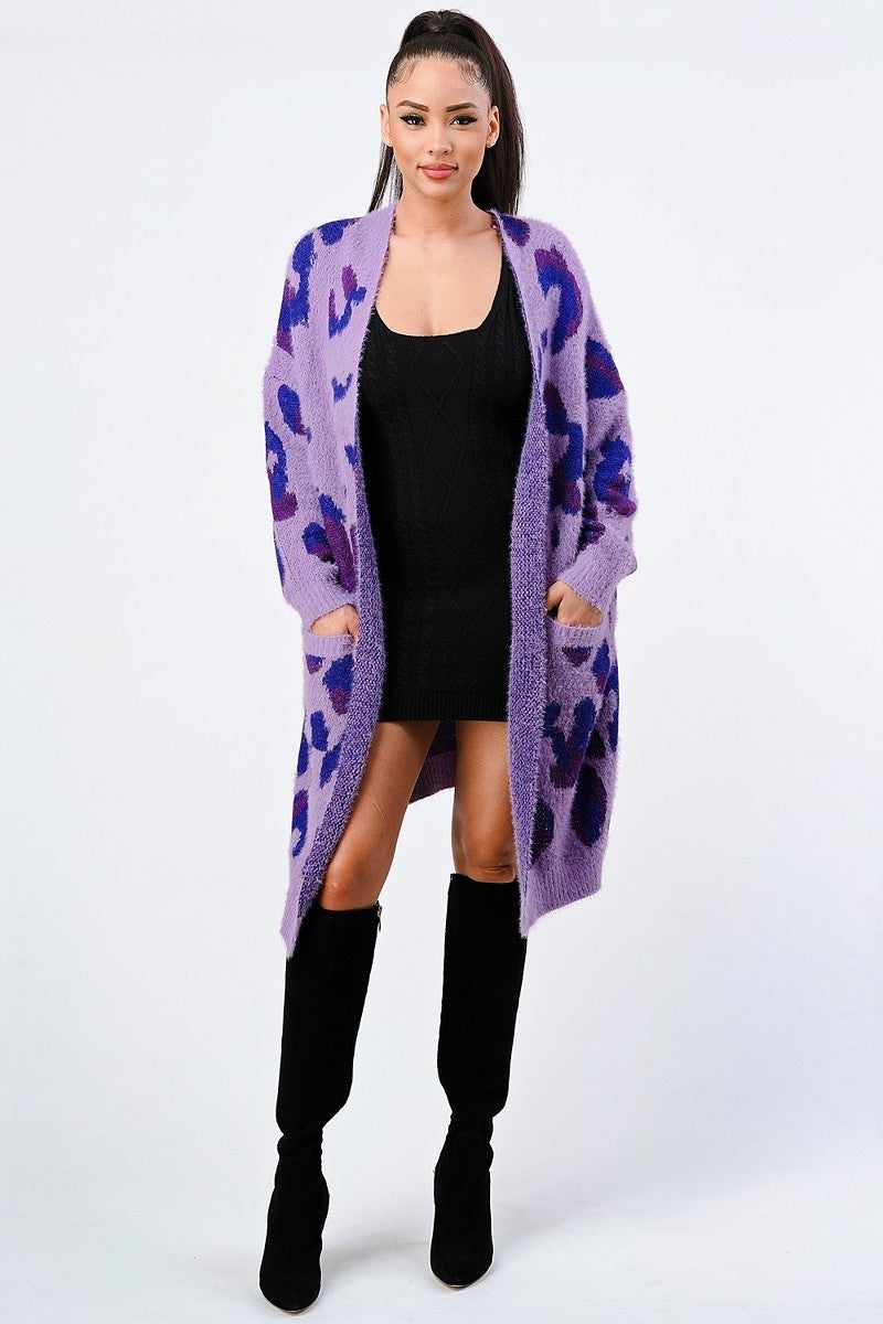 Leopard Angora Sweater Oversized Cardigan-Violet