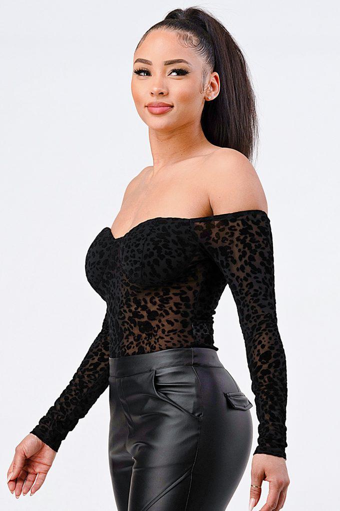 Leopard Print Off Shoulder Bodysuit-Black