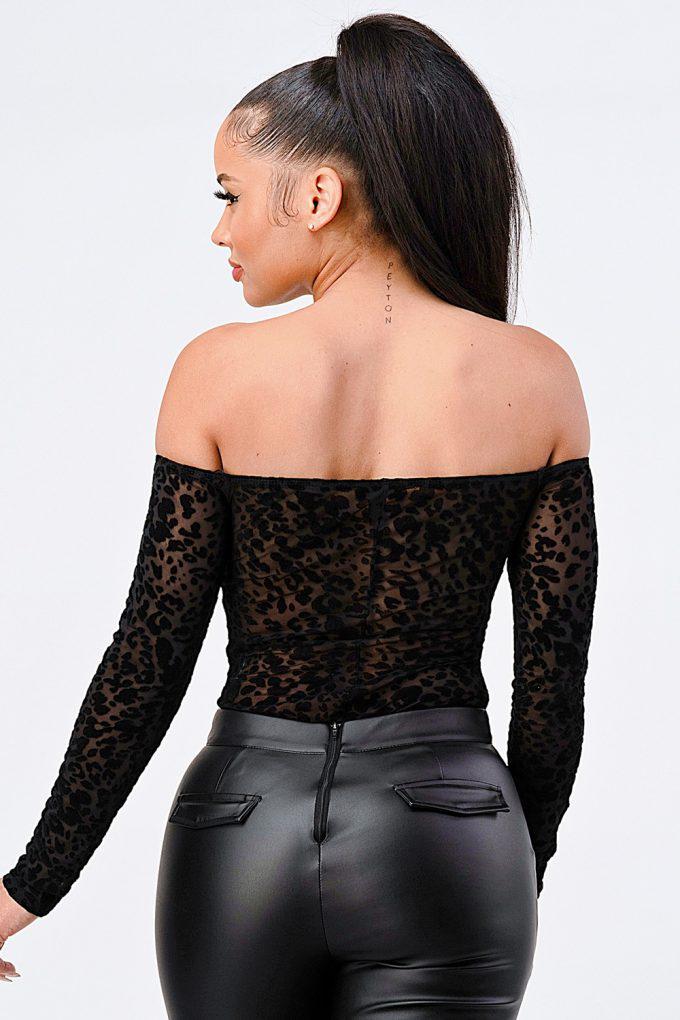 Leopard Print Off Shoulder Bodysuit-Black