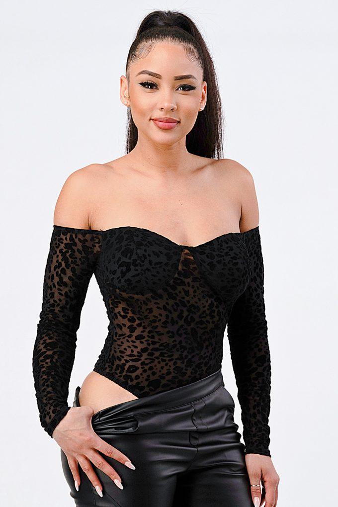 Leopard Print Off Shoulder Bodysuit-Black