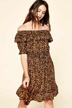 Leopard Printed Woven Dress-Brown
