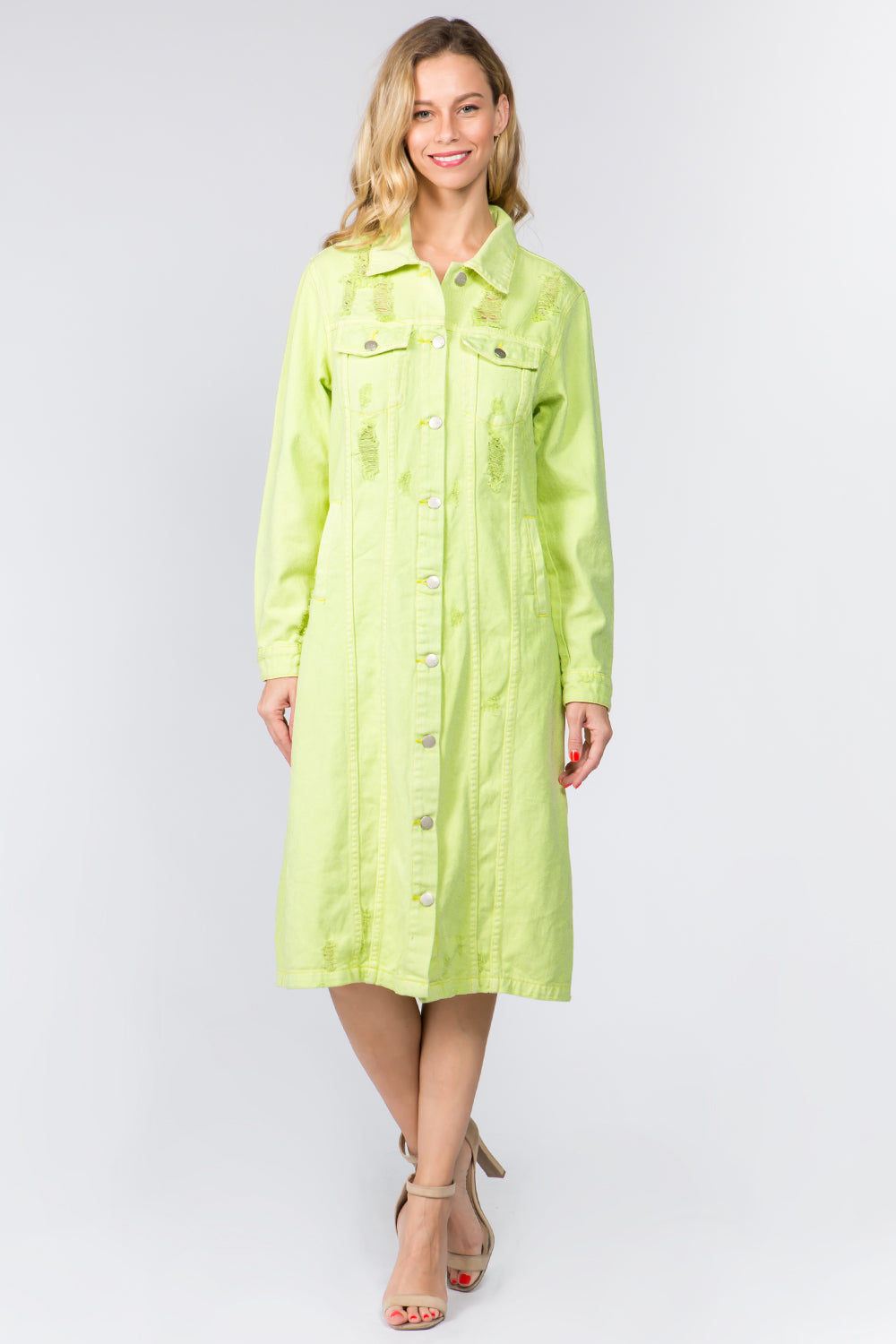 Lime button-up distressed denim dress made of 100% cotton with no stretch, featuring front pockets and long sleeves.