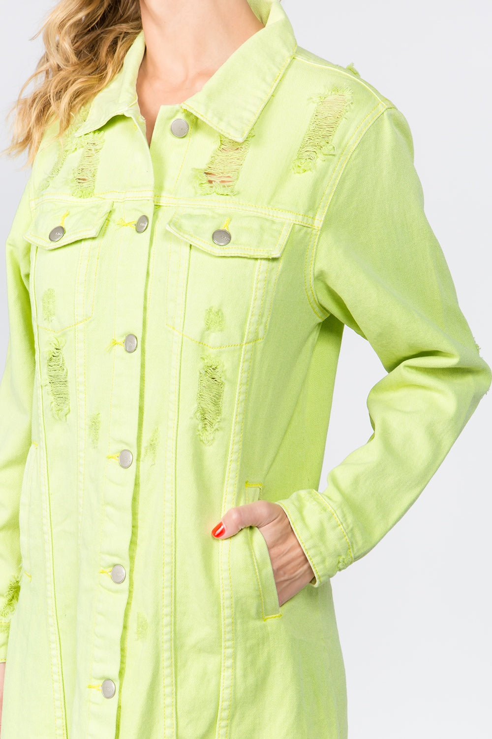 Lime button-up distressed denim dress, long sleeves, 100% cotton fabric, featuring pockets and silver buttons, stylish casual fashion.