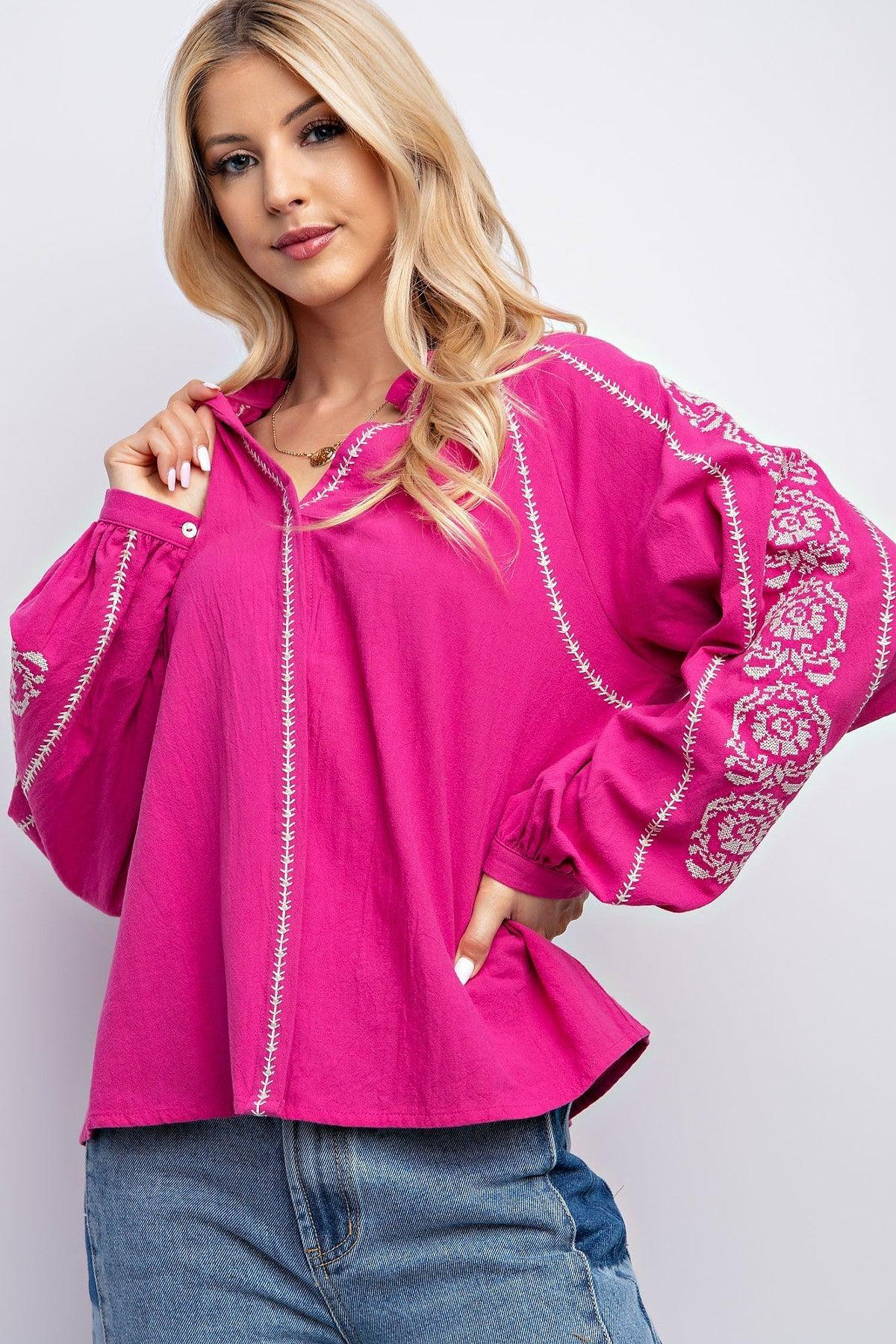 Linen Gauze Embroidered Top-Magenta