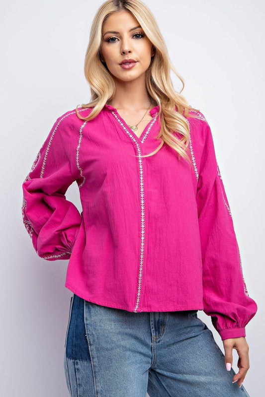 Linen Gauze Embroidered Top-Magenta