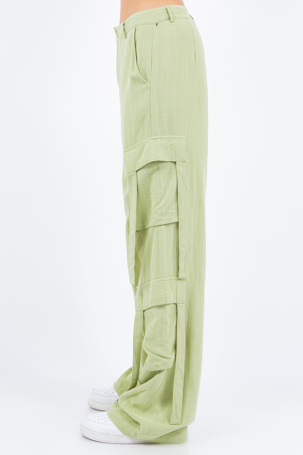 Linen wide leg cargo pants in light green, featuring a timeless style with breathable rayon-linen blend for cool, comfortable wear.