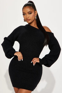 Little Black Sweater Knit Black Mini Dress