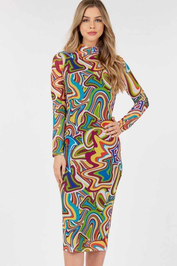 Long Sleeve Bodycon Dress-Lettering Print