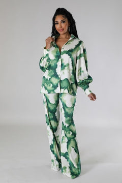 Long Sleeve Classy Green/White Matching Two Piece Set