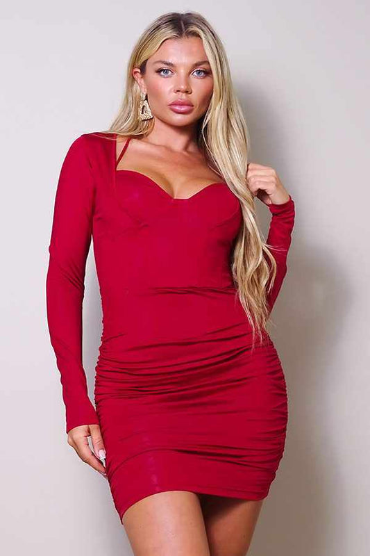 Long Sleeve Corset Halter Tie Mini Dress-Port