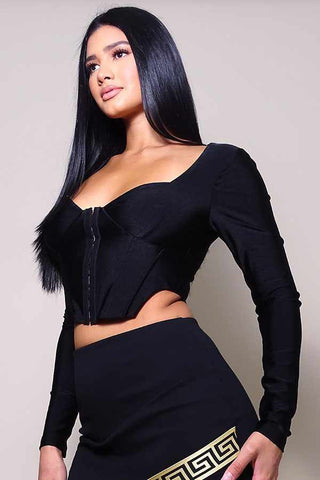 Long Sleeve Corset Top-Black