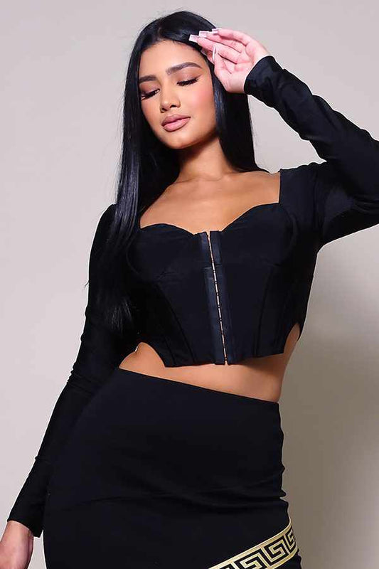 Long Sleeve Corset Top-Black