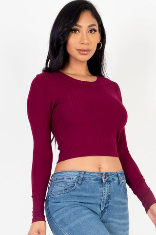 Long Sleeve Crop Top | Ribbed Knit | Round Neck