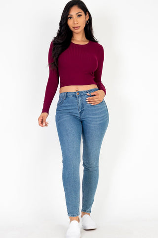 Long Sleeve Crop Top | Ribbed Knit | Round Neck