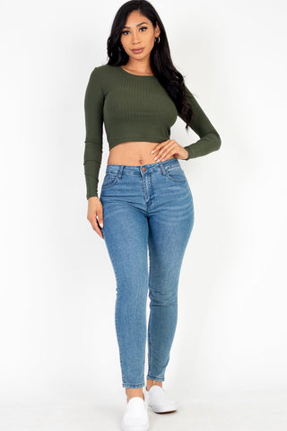 Long Sleeve Crop Top | Ribbed Knit | Round Neck