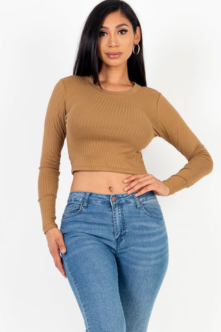 Long Sleeve Crop Top | Ribbed Knit | Round Neck