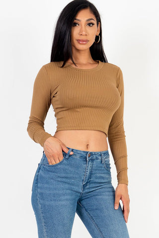 Long Sleeve Crop Top | Ribbed Knit | Round Neck